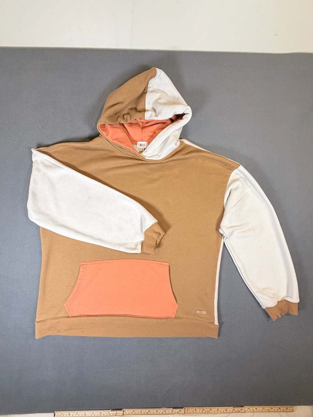 Bke Colorblock Hoodie Size L Tan White Orange Pocket Sweatshirt